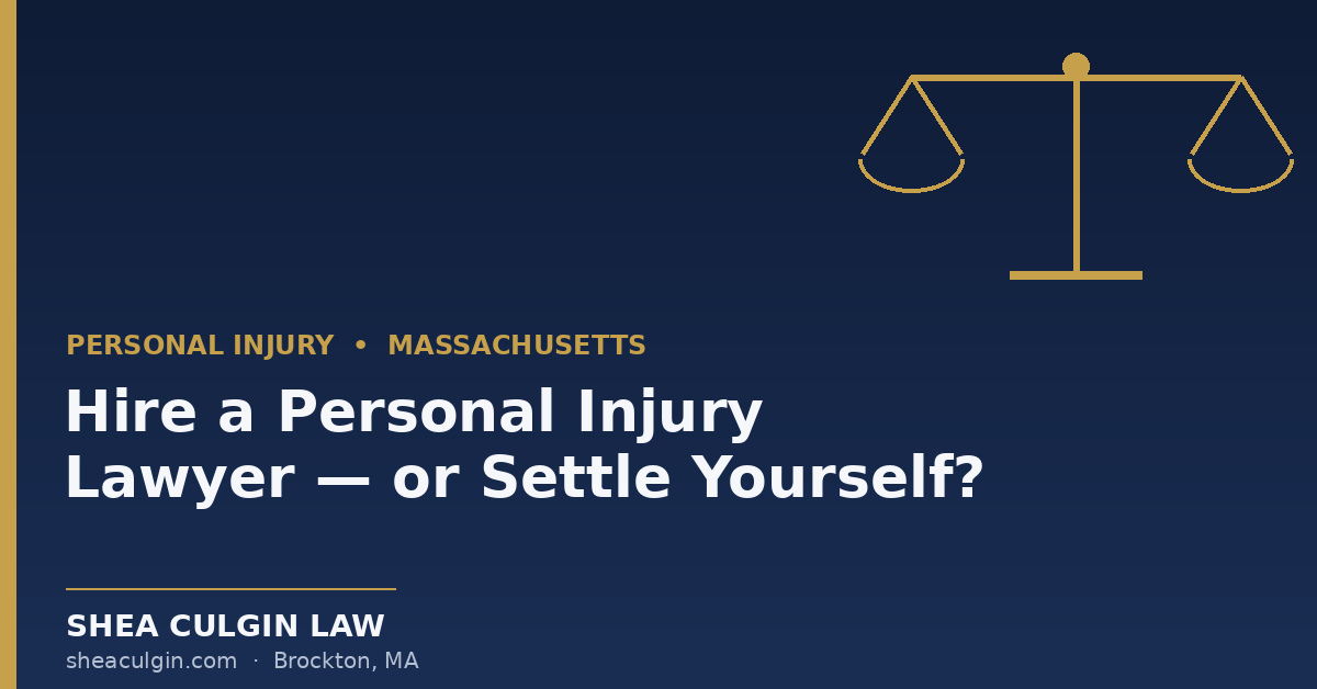 Shea Culgin Law title graphic with scales of justice for the article "Hire a Personal Injury Lawyer or Settle Yourself?" — a Brockton, Massachusetts personal injury firm.