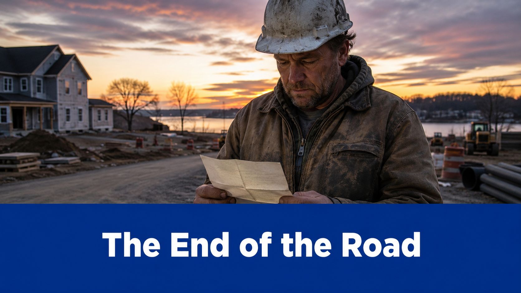A construction worker in a hard hat reads a document at a job site at sunset.