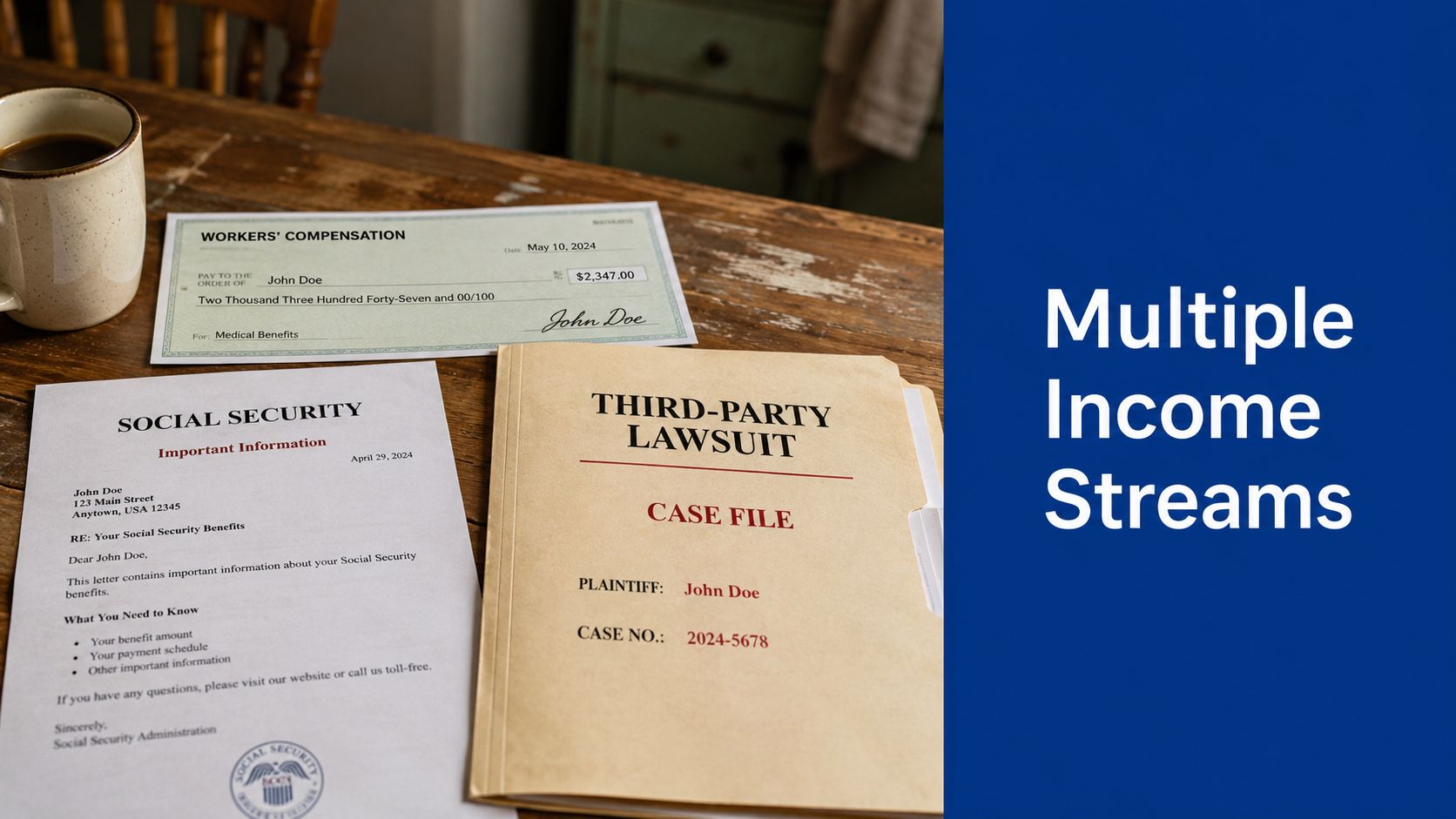 A wooden desk featuring a workers' compensation check, social security documents, and a third-party lawsuit case file.