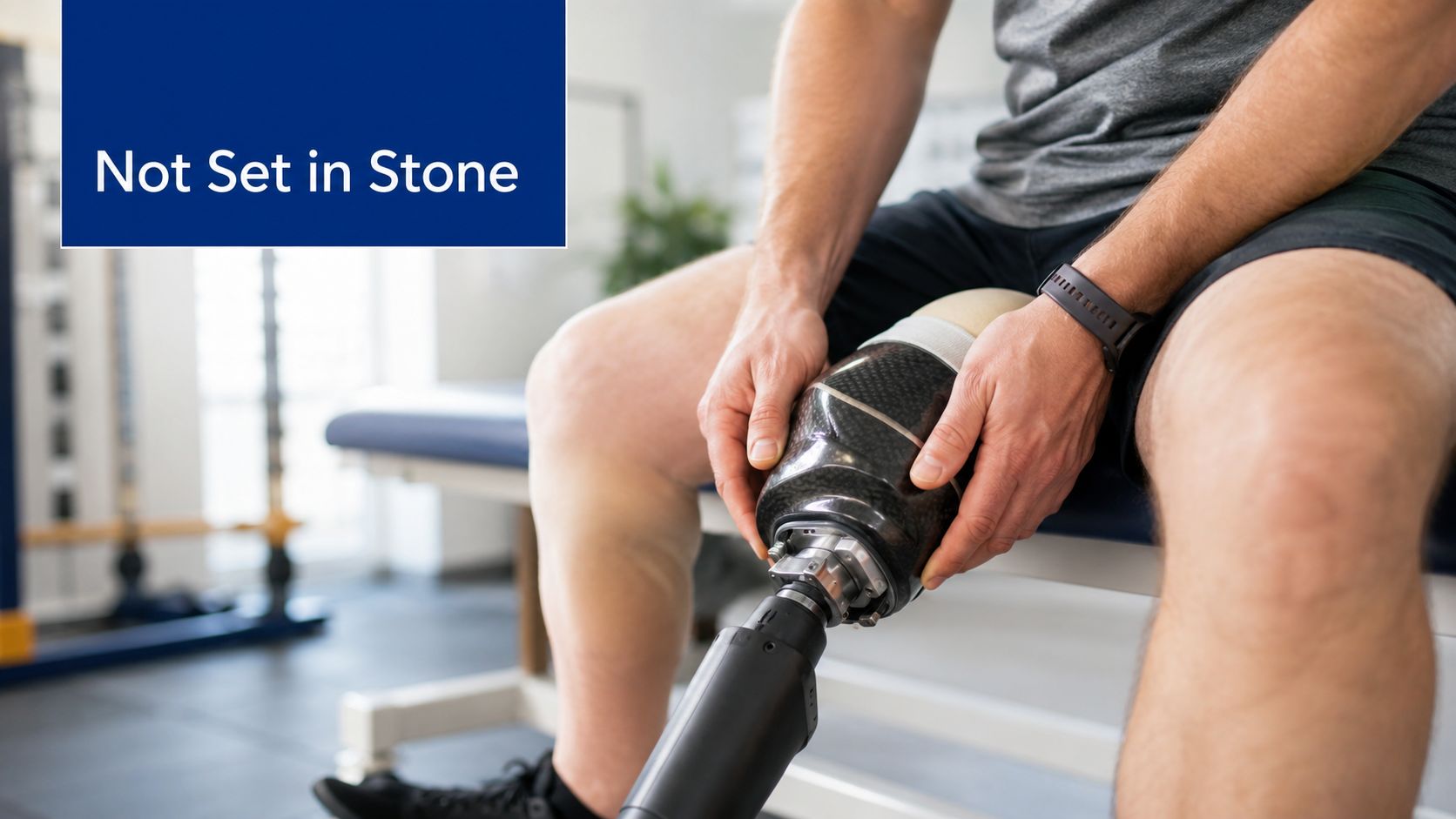 A person sitting on a bench adjusting their prosthetic leg while undergoing rehabilitation therapy in a clinic.