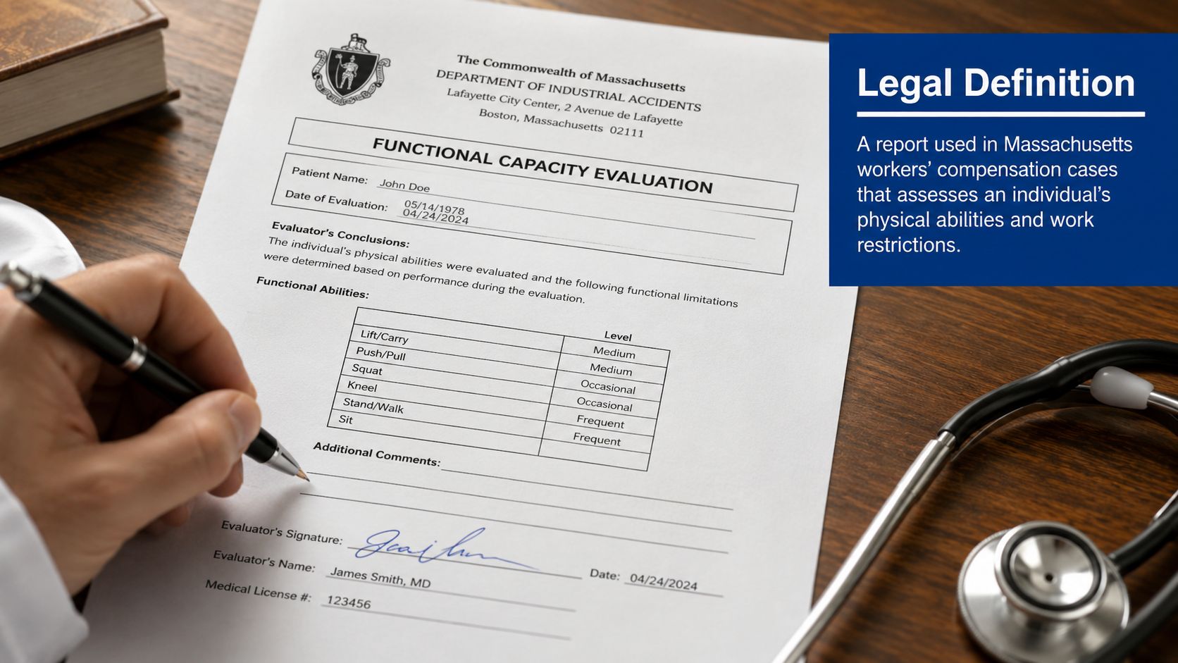 A hand filling out a Functional Capacity Evaluation form for a workers' compensation legal case.