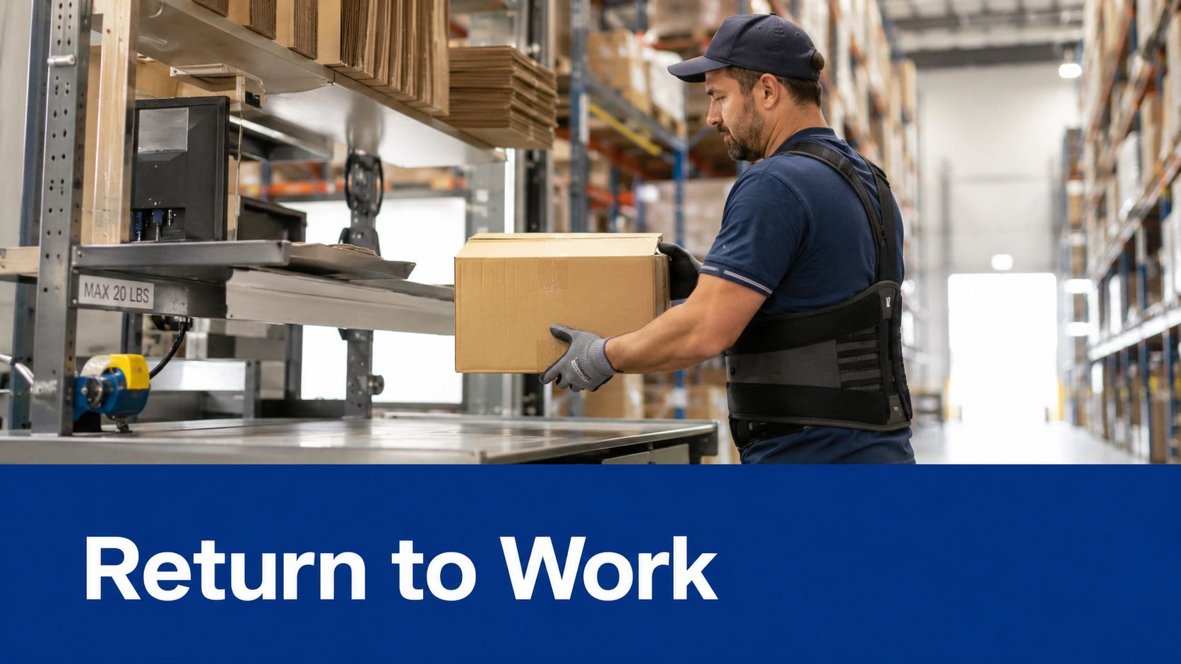 A warehouse worker wearing a back support brace carefully lifting a cardboard box in an industrial facility.