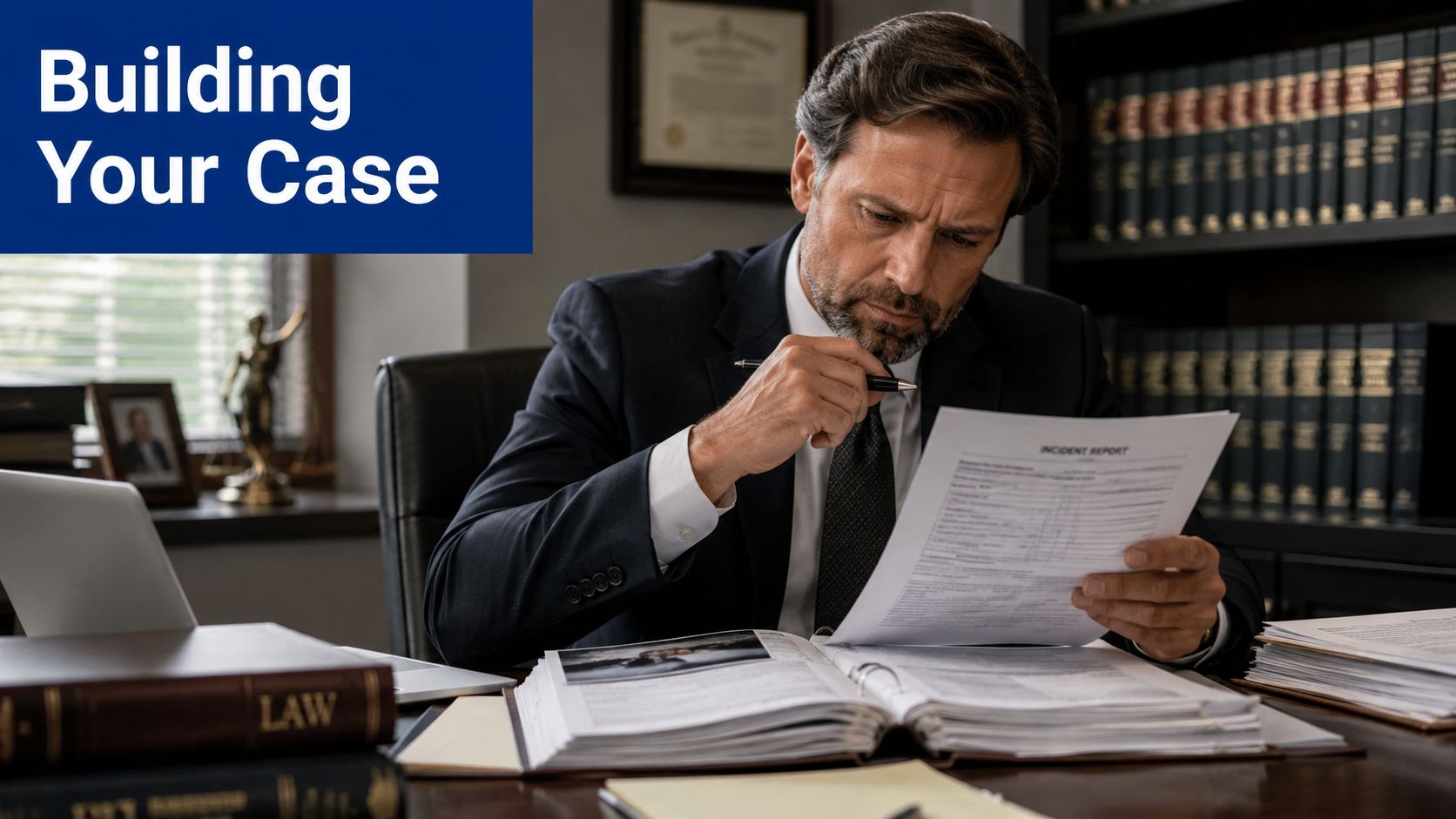 A professional attorney sitting at a desk reviewing an incident report for a legal case.