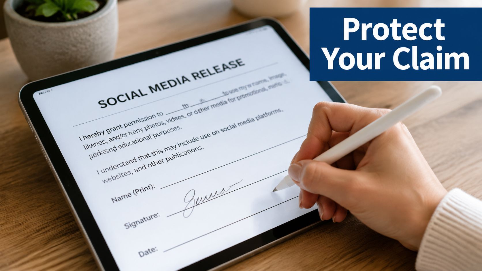 A person signing a digital social media release document on a tablet with a stylus.