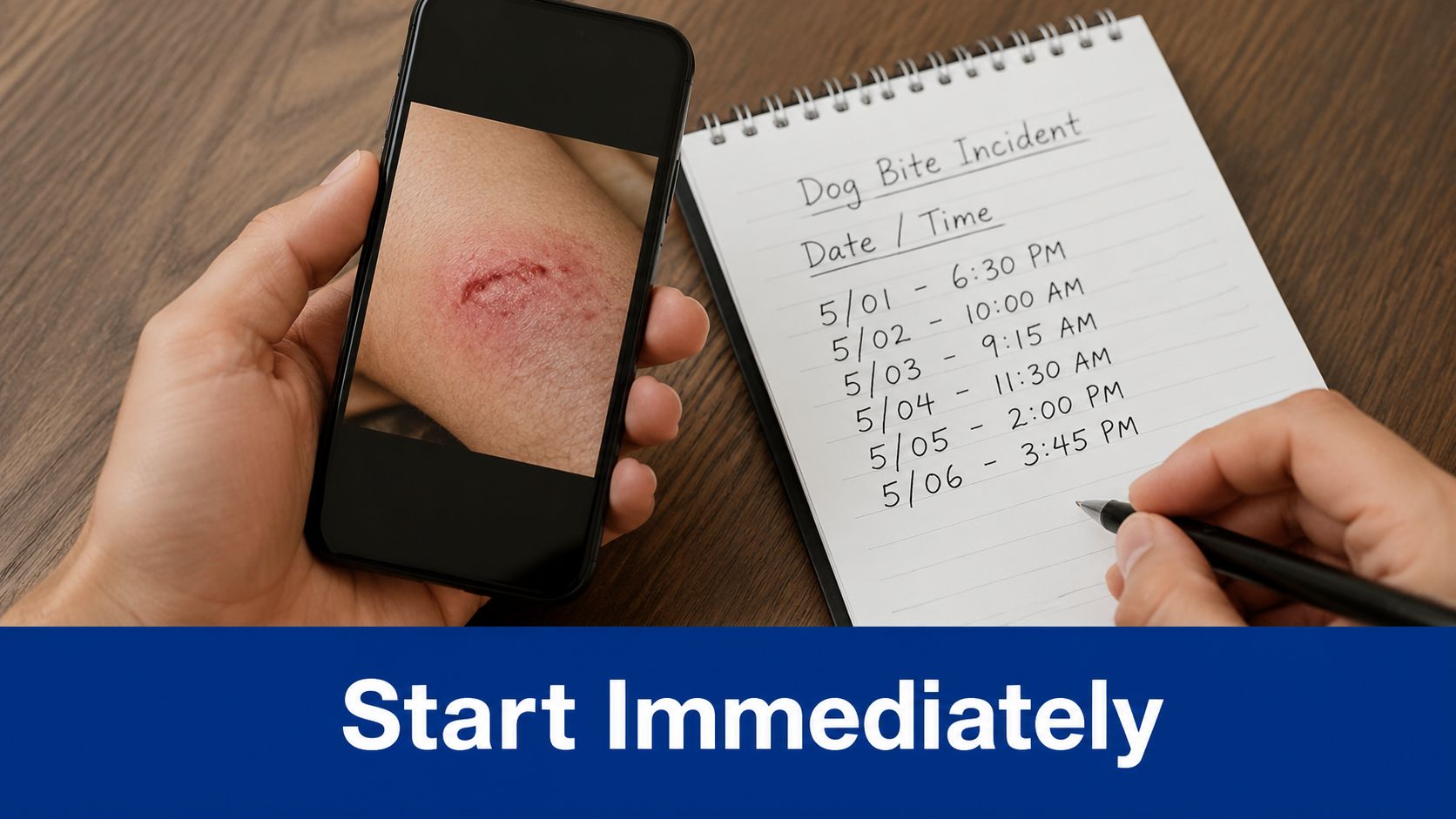 A person documenting a dog bite injury by taking notes in a notebook while viewing a photo.