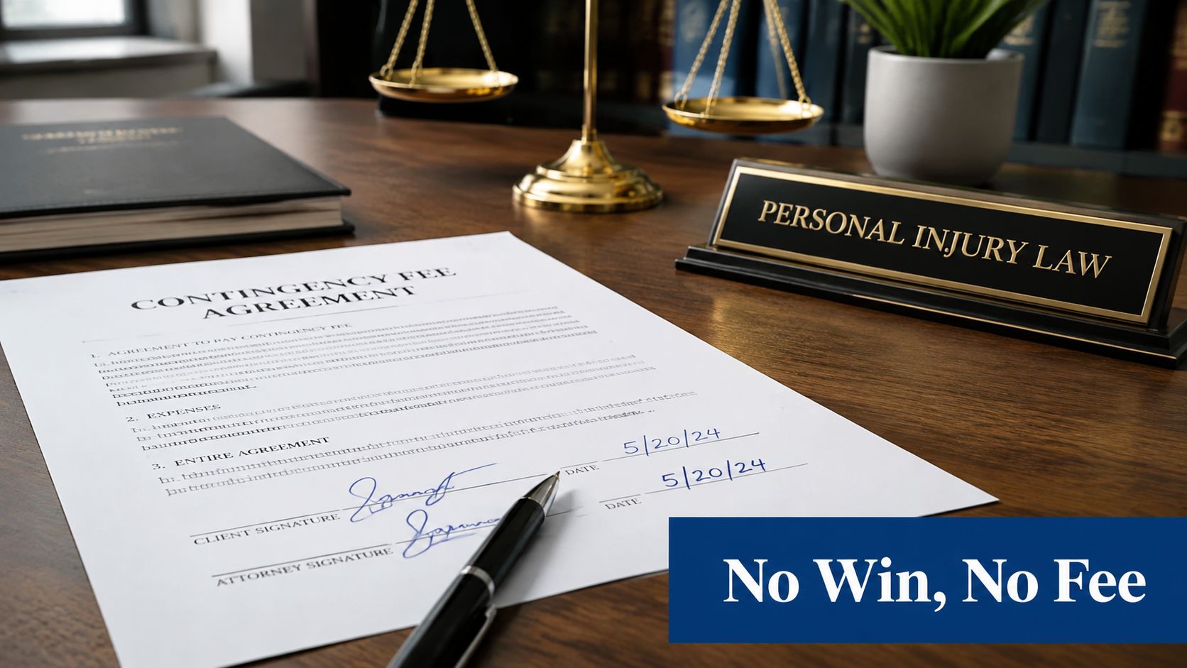 A legal contingency fee agreement for personal injury law resting on a wooden desk with a scale.