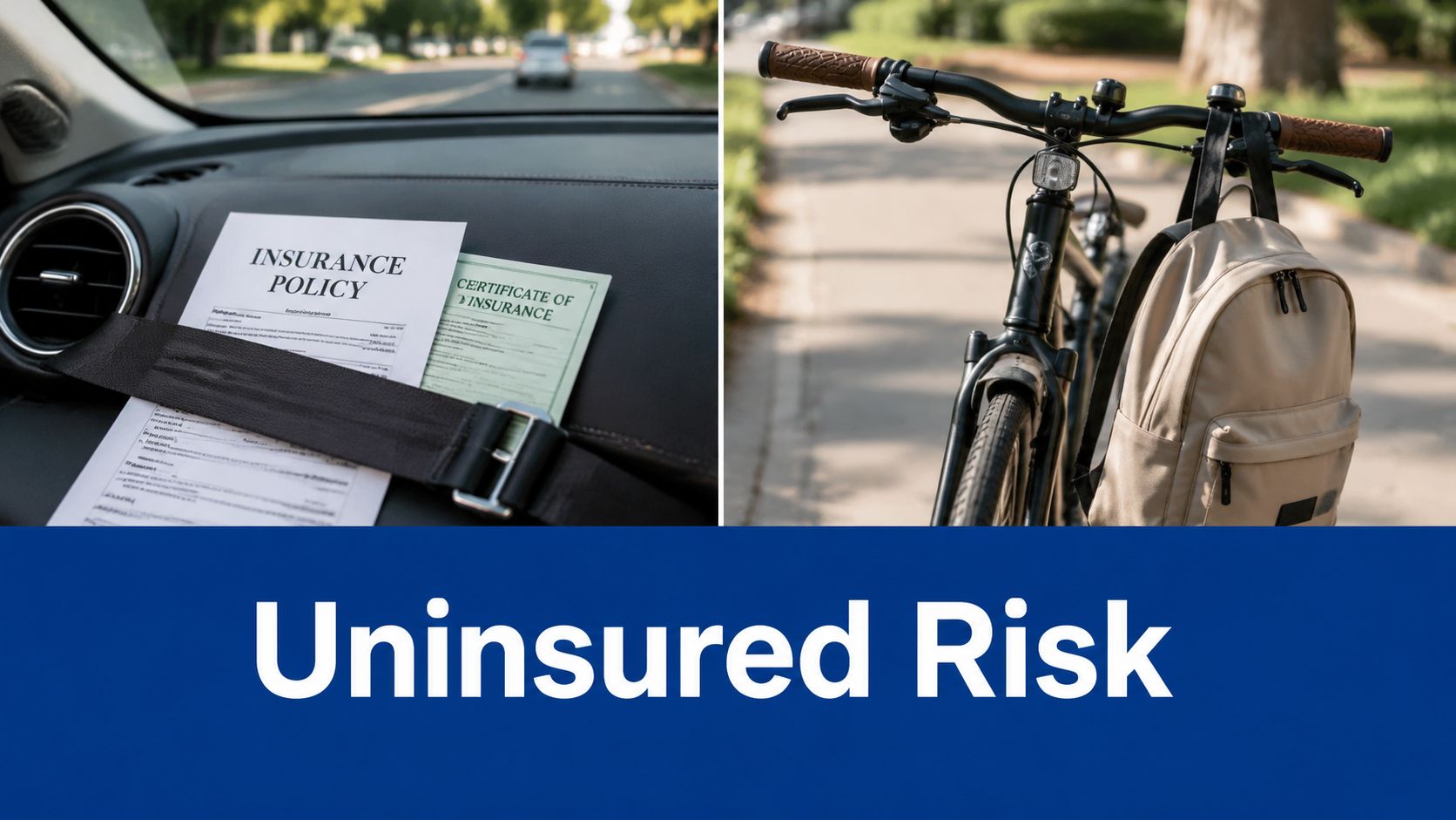 A split screen image showing car insurance documents and a bicycle with a backpack on a path.