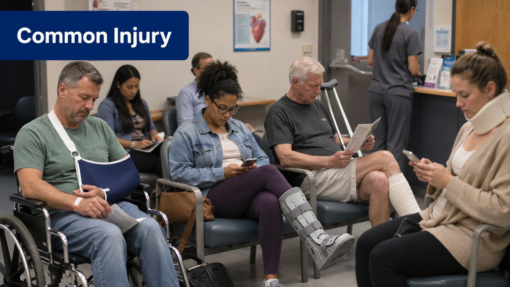 A diverse group of patients with various injuries waiting in a medical clinic waiting room.