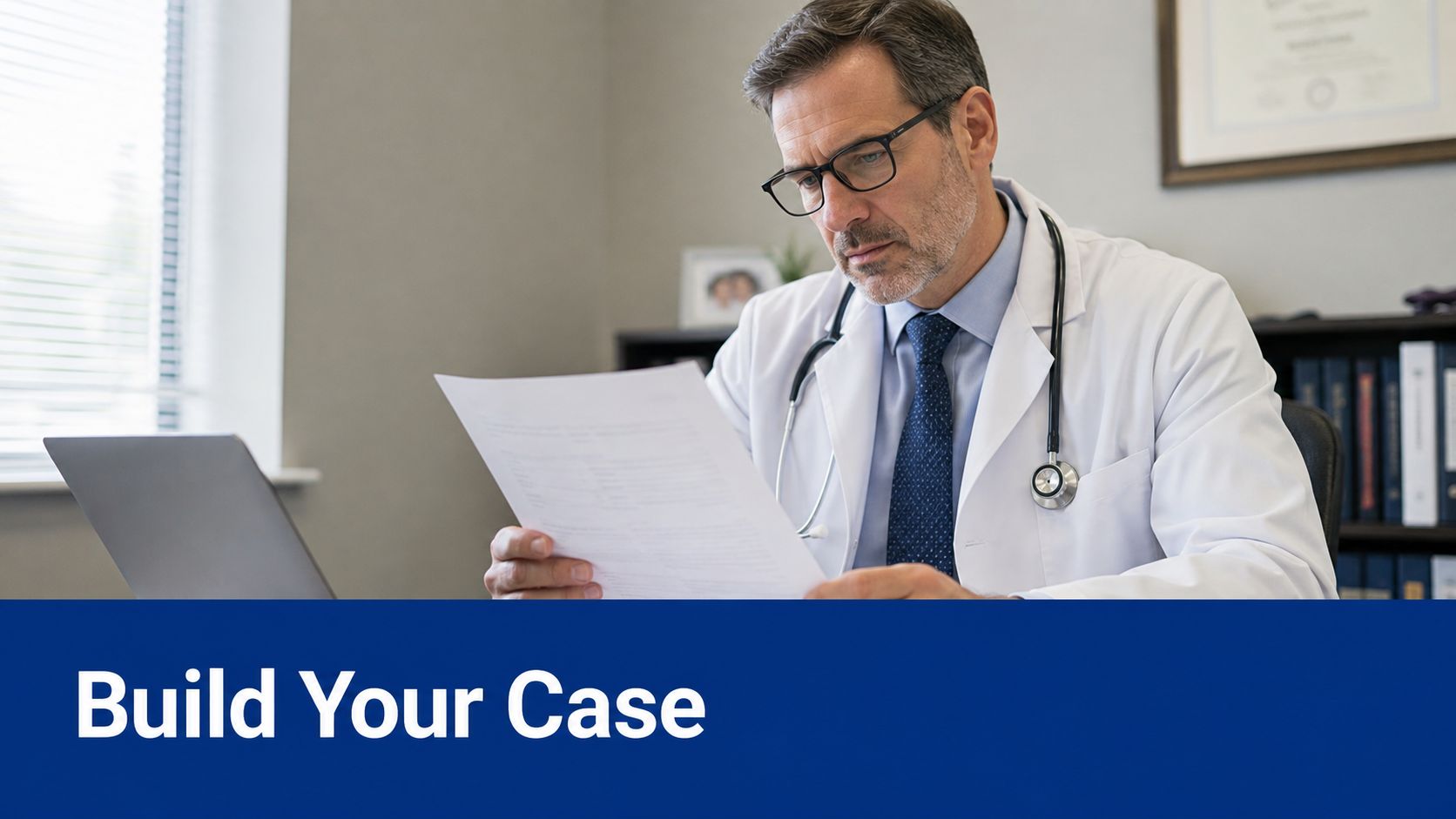 A professional doctor wearing a white coat and stethoscope reading a medical document in his office.