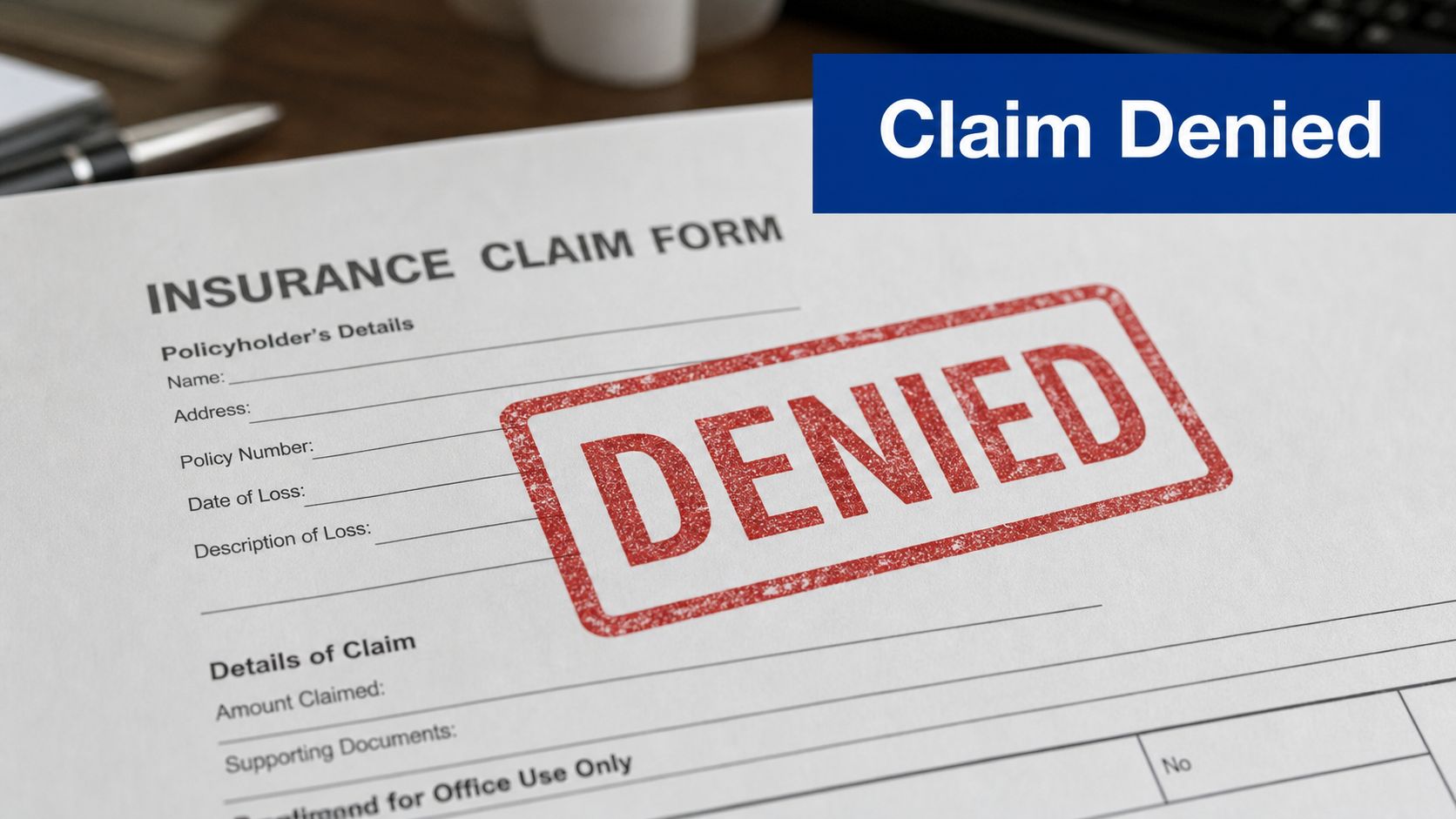 A close-up view of an insurance claim form with a large red stamped word DENIED.