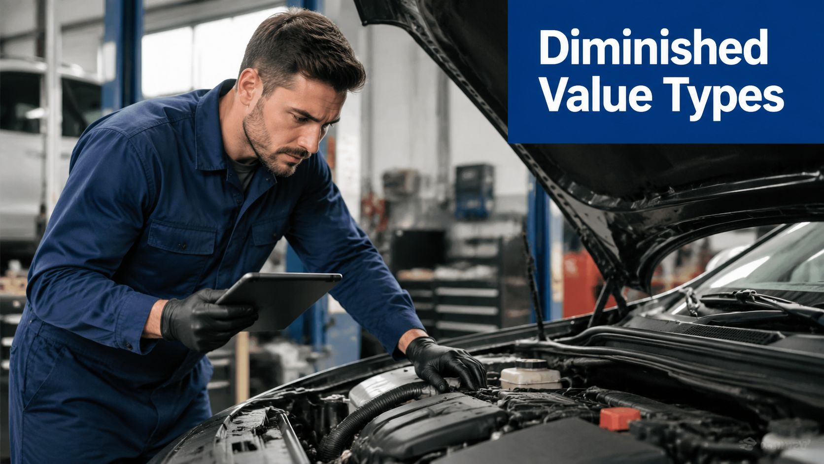 A professional mechanic in a garage holding a tablet while inspecting a car engine under the hood.