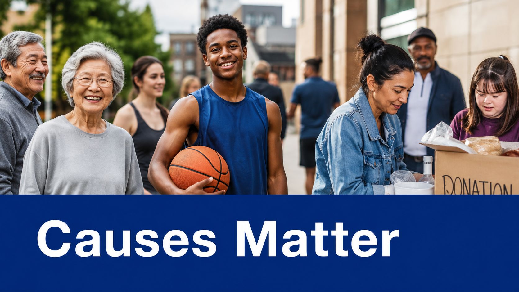 A diverse group of volunteers gathered together, with a young man holding a basketball in front.