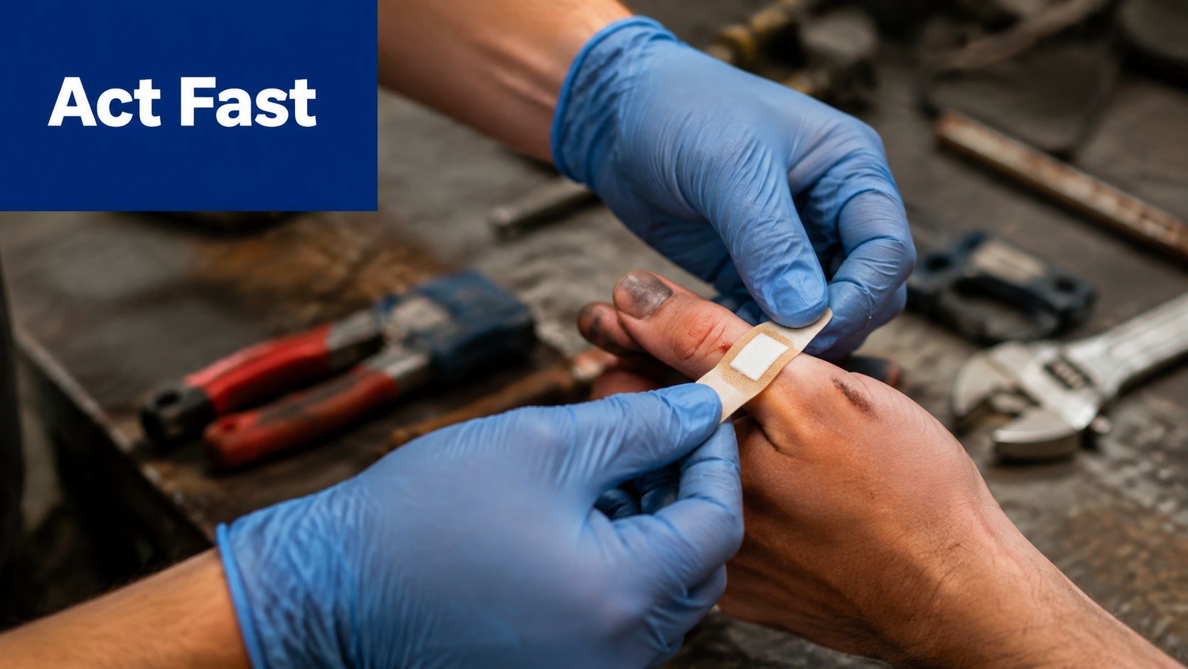 A worker wearing blue gloves applies a bandage to a small injury on another person's finger.