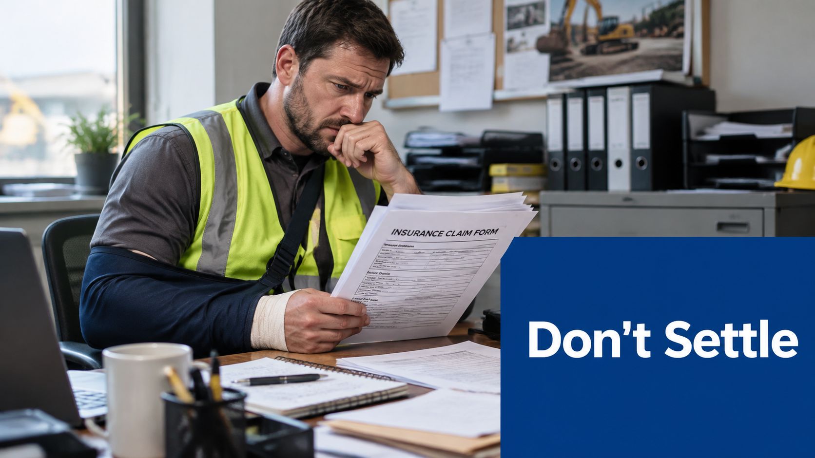 An injured construction worker wearing a sling looks concerned while reviewing an insurance claim form at his desk.