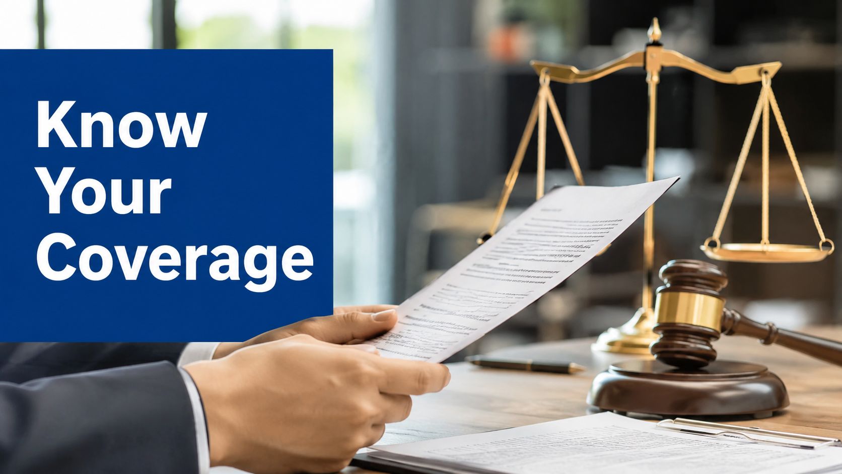 A person in a suit reads legal documents near a courtroom gavel and a balance scale.
