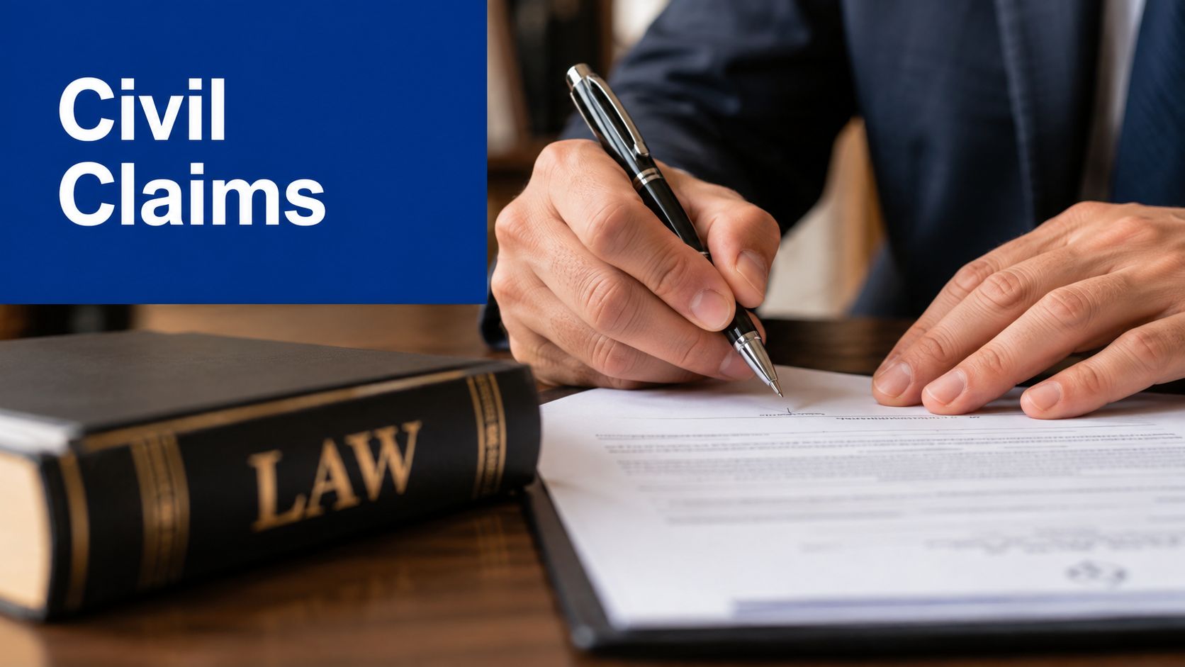 A legal professional in a suit signs a formal document next to a thick law textbook.