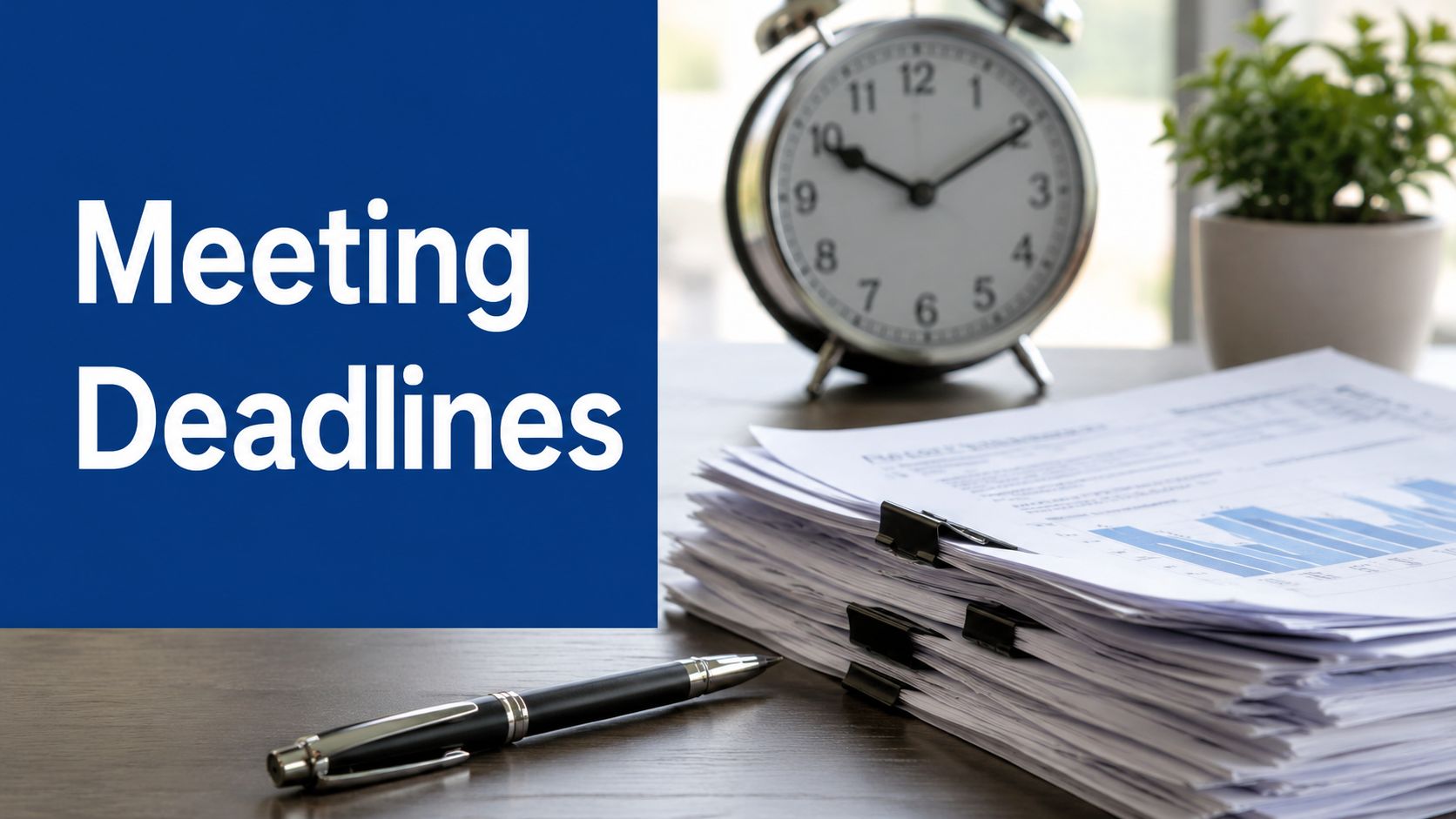 A stack of documents with an alarm clock and pen on a wooden office desk surface.