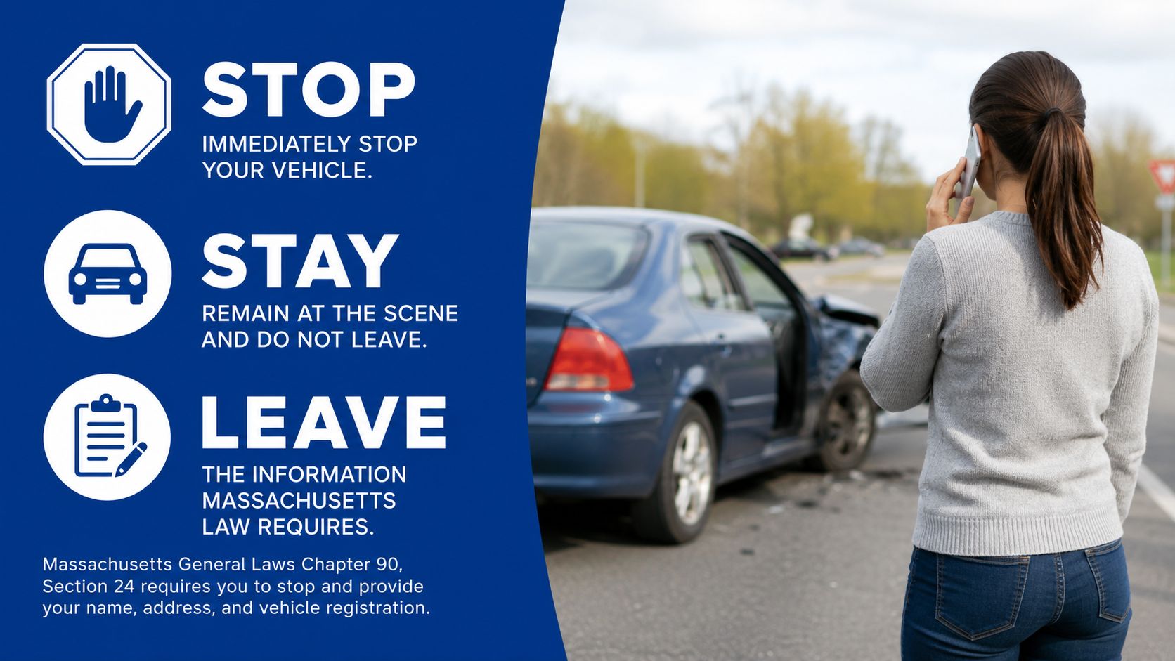 A woman stands by her damaged car and makes a phone call after a traffic accident.