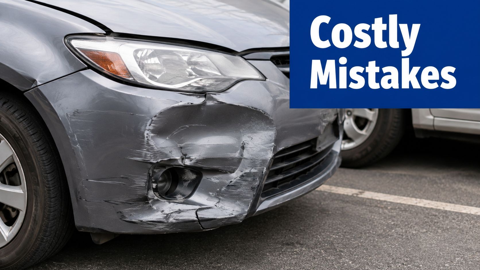 A close-up view of a grey car with a damaged front bumper after an accident.