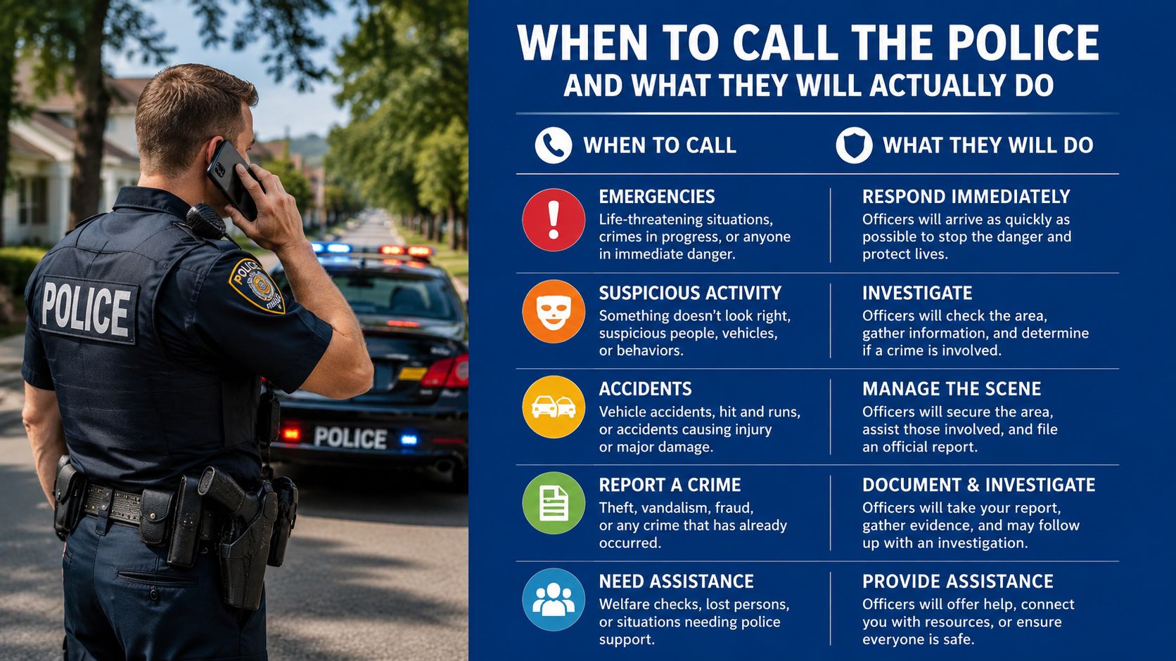 An infographic detailing when to call the police and what actions officers will take in various situations.