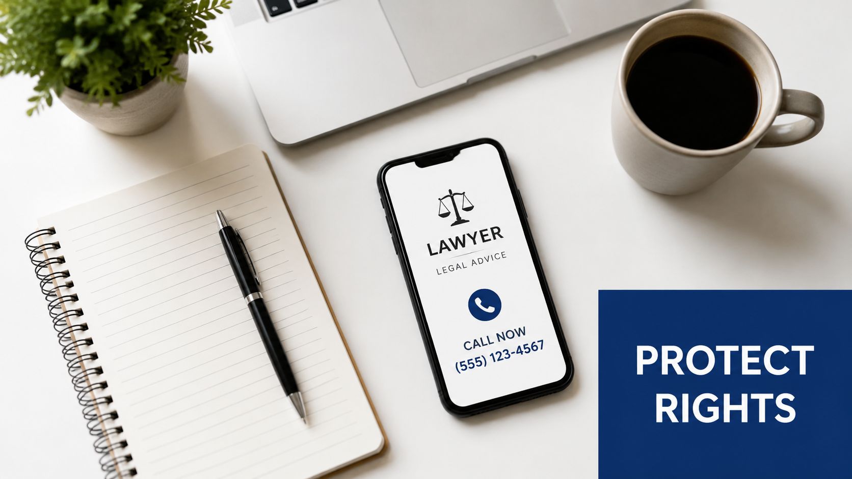 A smartphone showing a lawyer contact app next to a notebook, pen, laptop, and coffee cup.