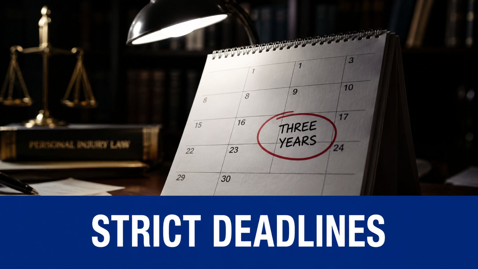 A legal concept image showing a calendar marked with three years beside a personal injury law book.