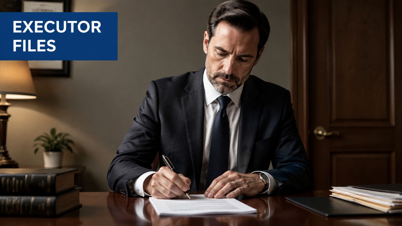 A professional man in a suit signing important legal documents at an elegant office desk.