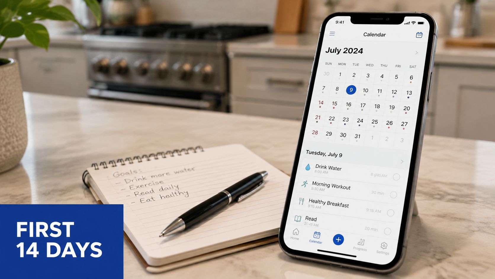 A smartphone displaying a July 2024 digital calendar next to a notebook with handwritten goals on a counter.