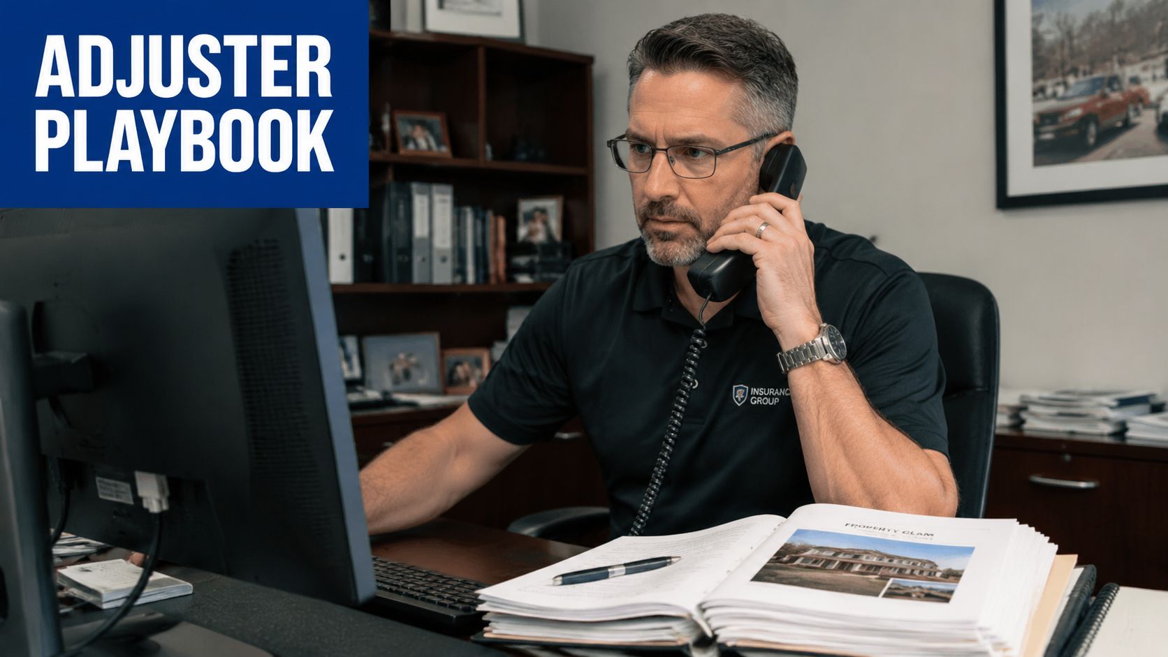 A professional insurance adjuster working at an office desk, talking on the phone and reviewing documents.