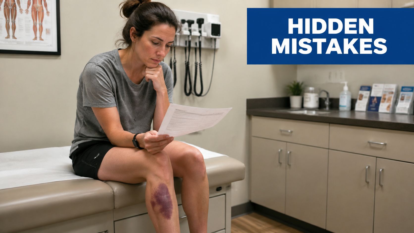 A concerned patient sits on an exam table reviewing medical paperwork after an injury with visible bruising.