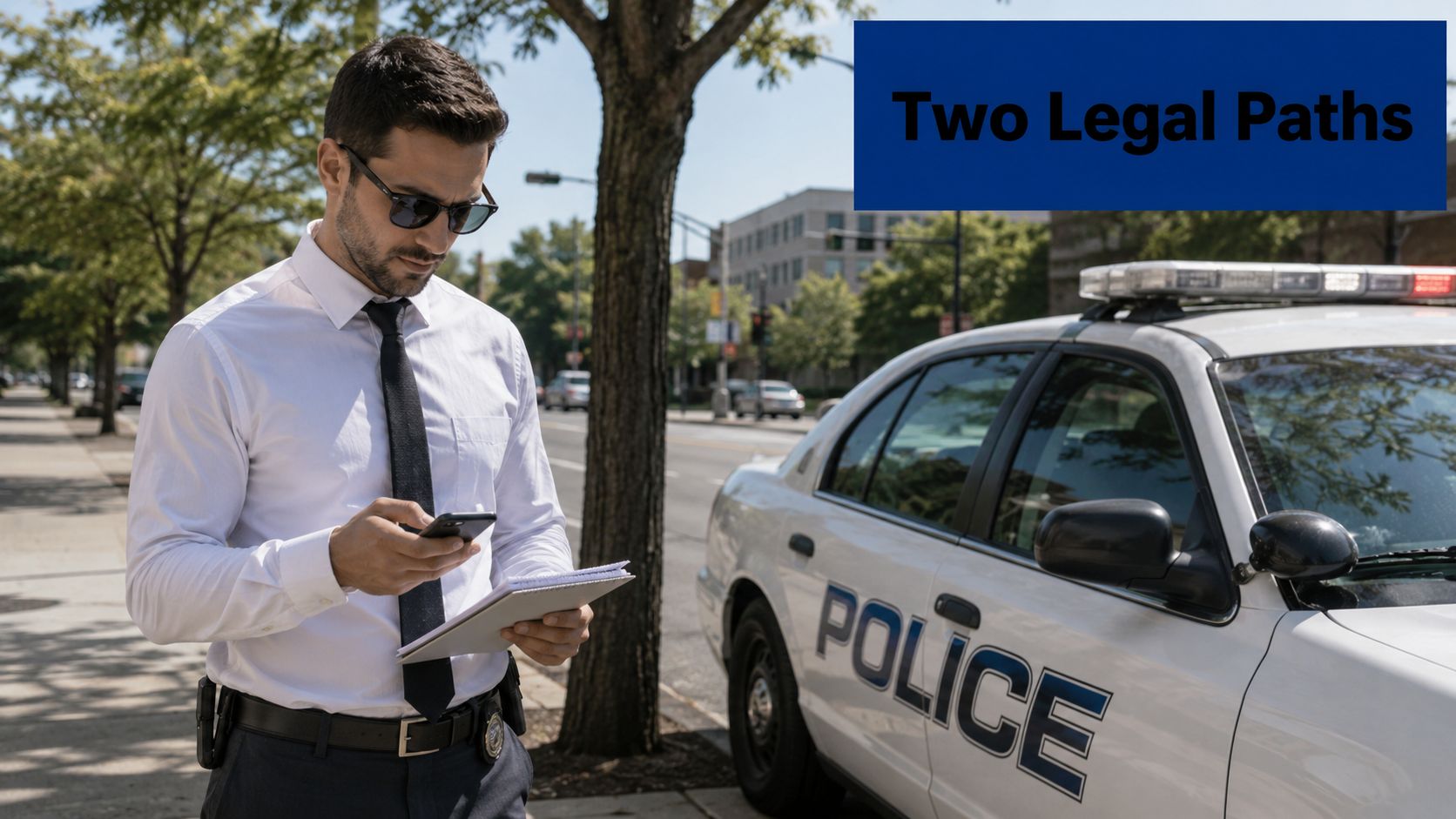 A professional man holding a notepad and phone while standing next to a police cruiser outdoors.