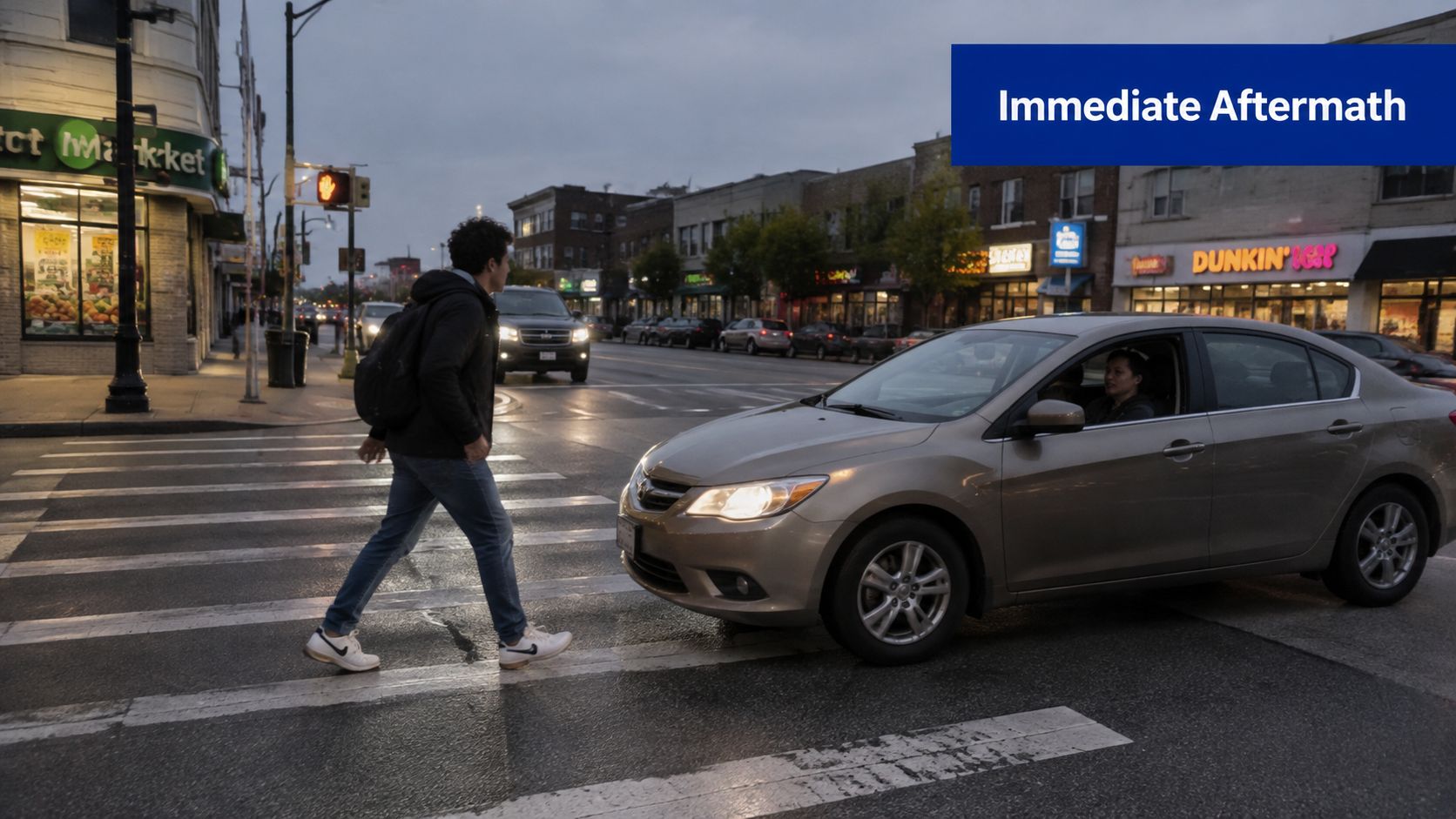 A young man walks across a crosswalk as a gold sedan slows down in front of him.