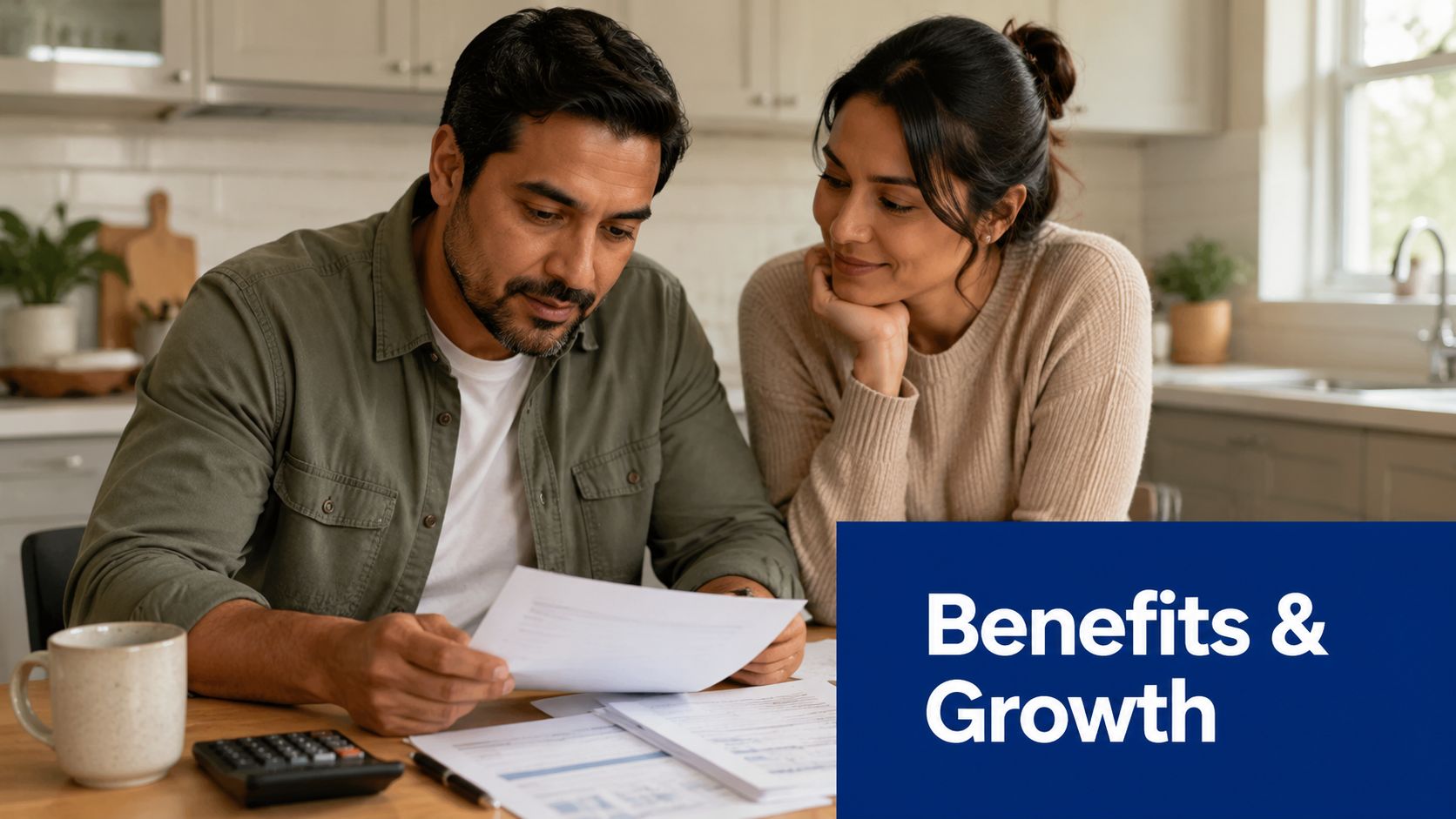 A couple sitting at a wooden kitchen table reviewing financial documents together with a calculator.