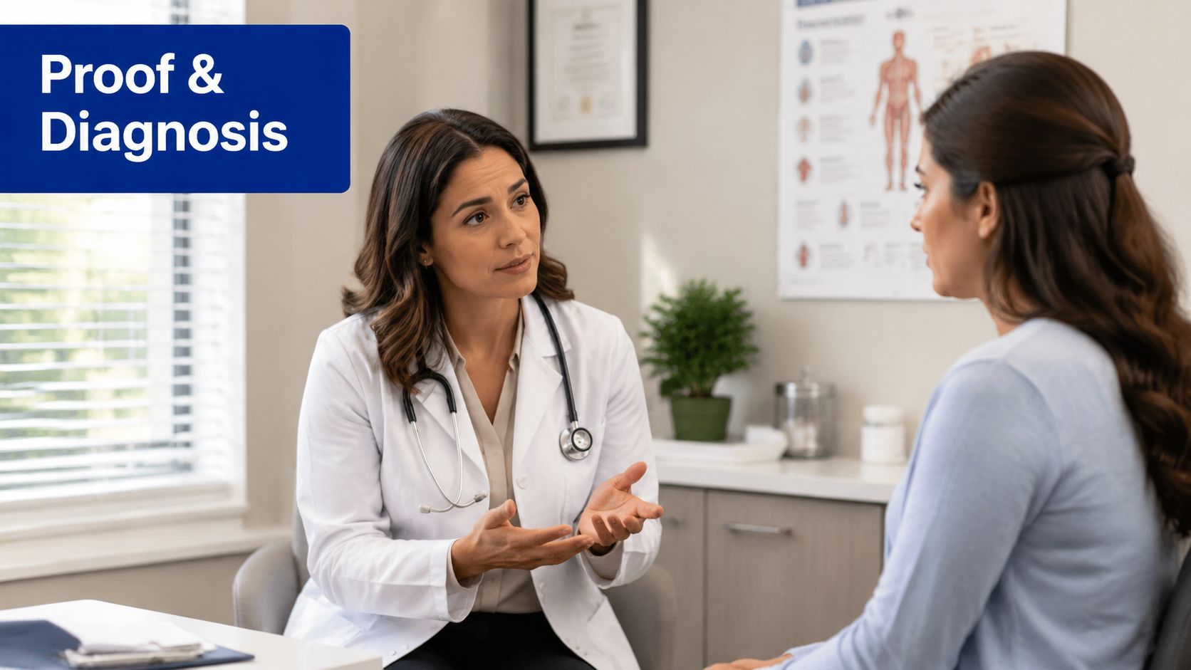 A female doctor in a white coat talks to a patient in a medical office setting.