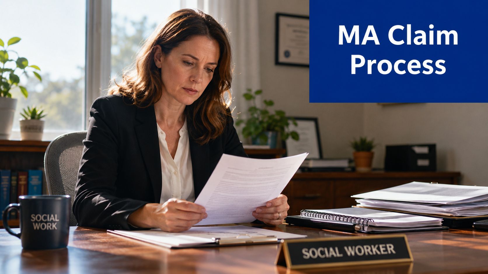 A professional female social worker carefully reviewing documents at her office desk in a bright setting.
