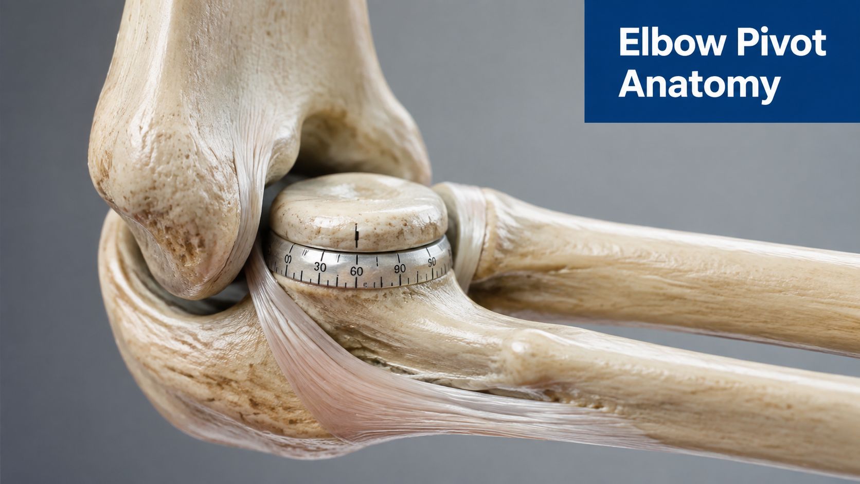 A close-up view of an anatomical model of an elbow joint with a measurement gauge on the bone.