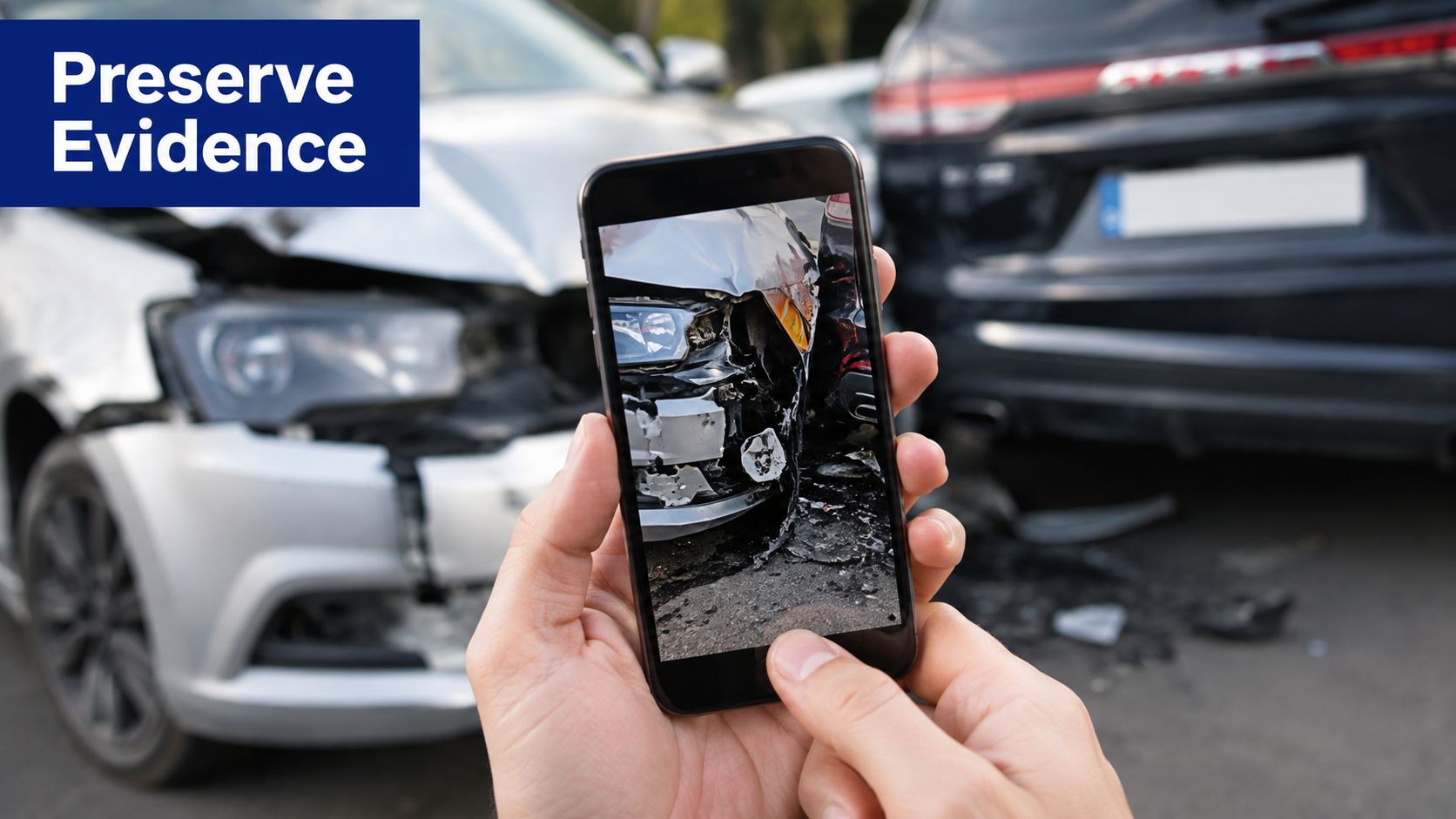 A person using a smartphone to photograph damage to a silver car after an auto accident.