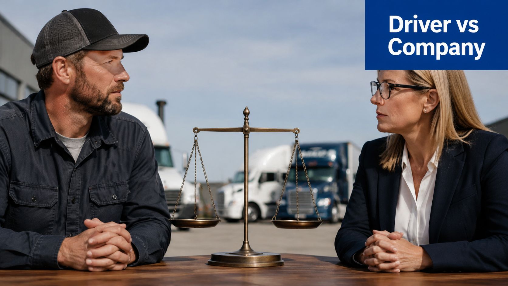 A truck driver and a professional woman sitting at a table with a scale between them.