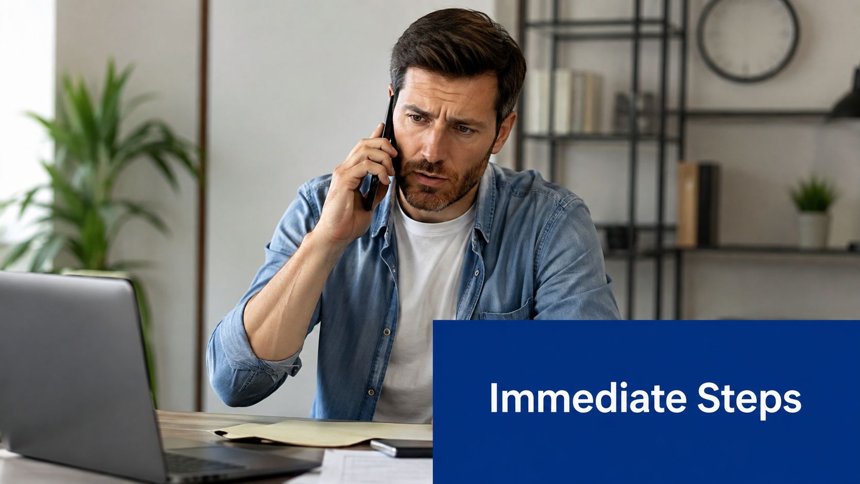 A concerned man in a denim shirt talking on his mobile phone while working at his laptop.