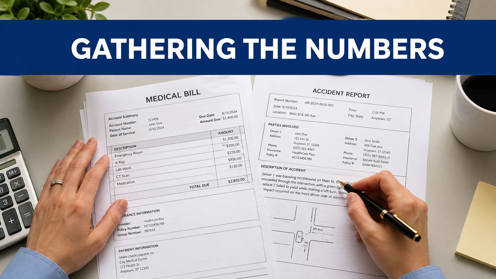 A person reviewing a medical bill and accident report on a desk for insurance documentation purposes.