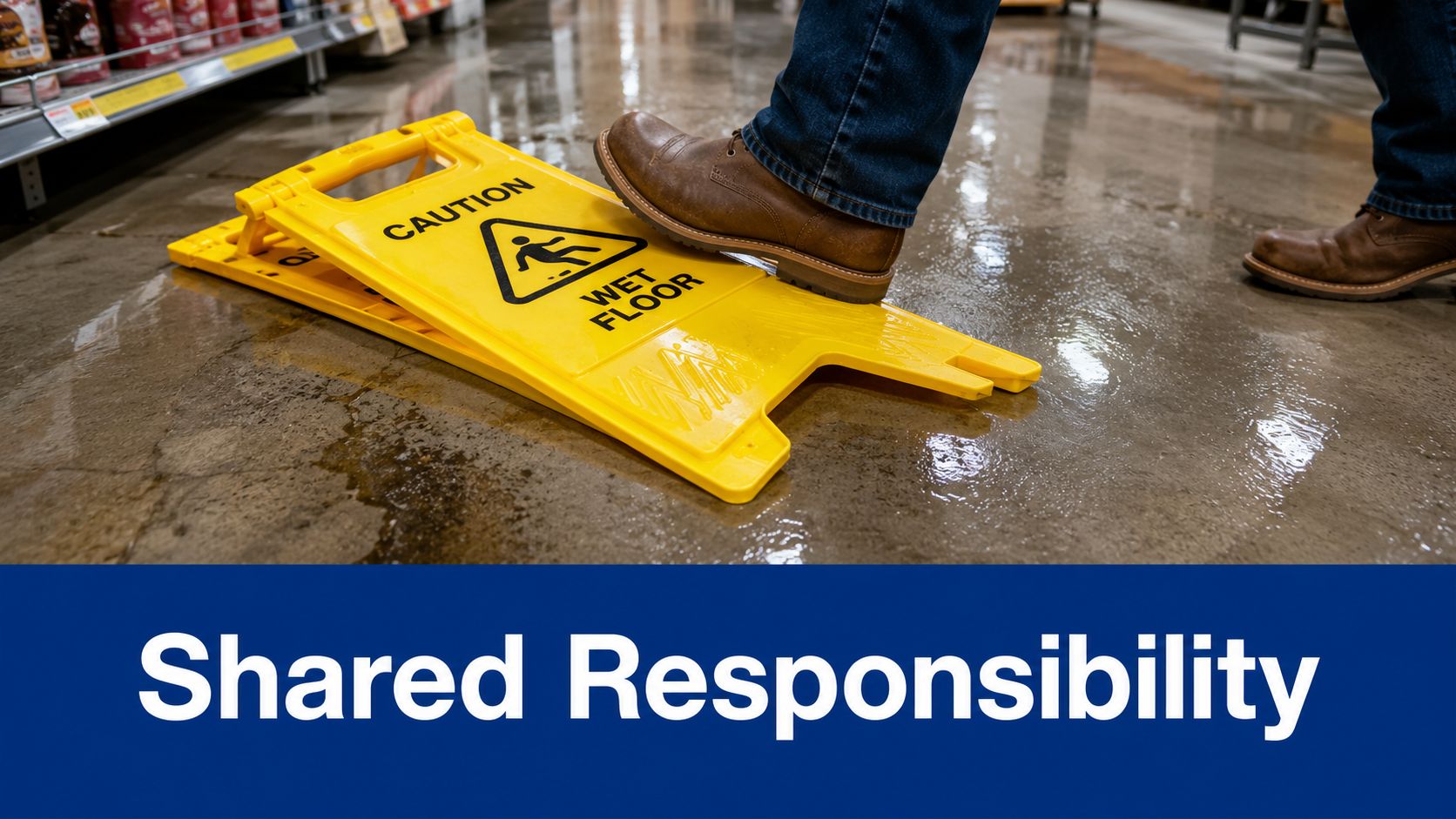 A person stepping on a yellow wet floor caution sign inside a store.