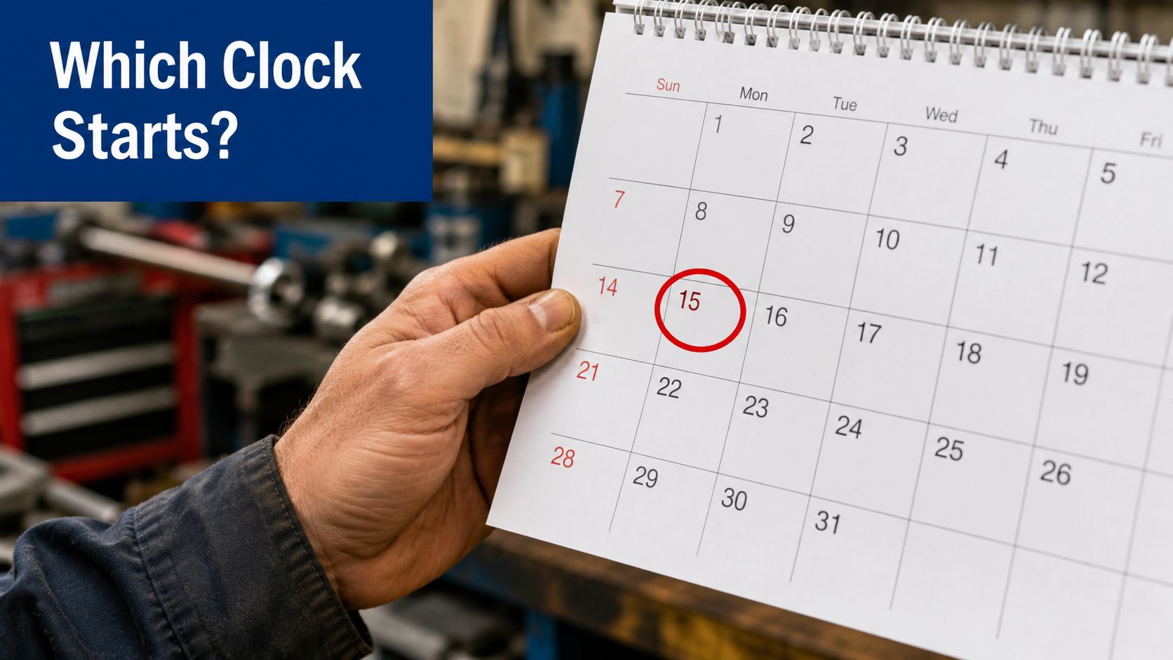 A worker holding a calendar with the 15th of the month circled in red marker