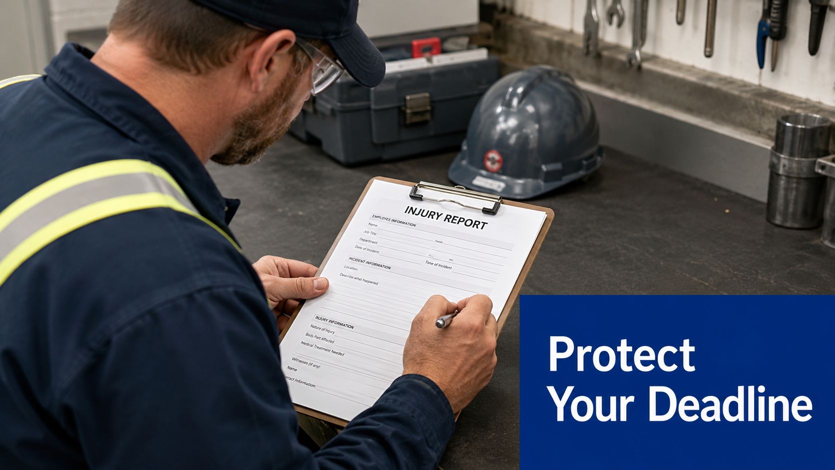 A construction worker in a hard hat filling out an injury report form on a clipboard.