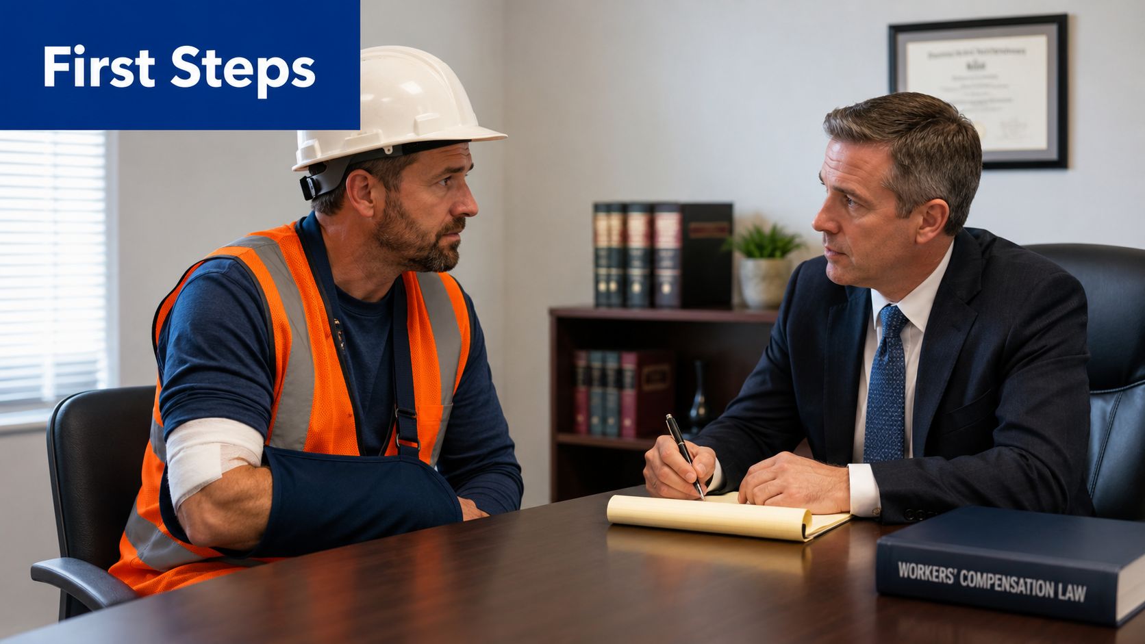A construction worker with an injured arm talks to a lawyer in an office setting.