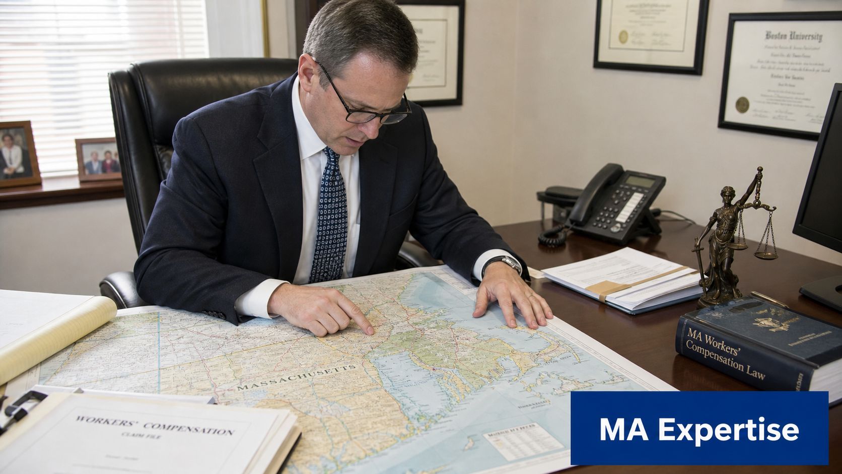 A professional workers compensation lawyer reviewing a map of Massachusetts in his law firm office.