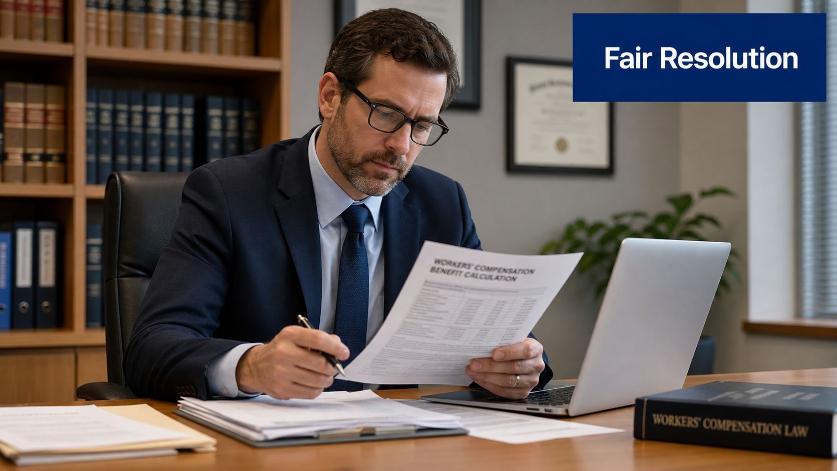 A professional lawyer reviewing a workers compensation benefit calculation document while sitting at his desk.