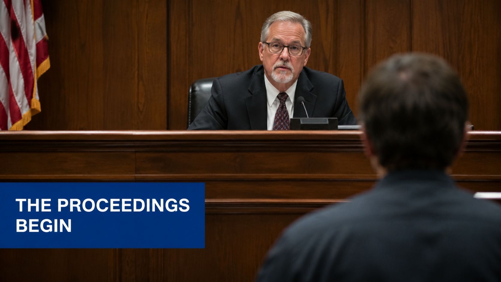 A judge sitting at a courtroom bench presiding over legal proceedings with a person in the foreground.
