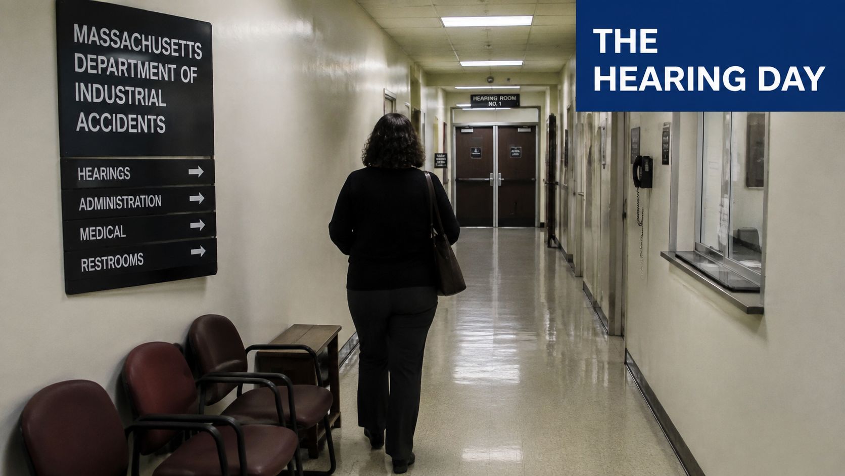 A woman walks down a corridor in the Massachusetts Department of Industrial Accidents building towards hearing rooms.