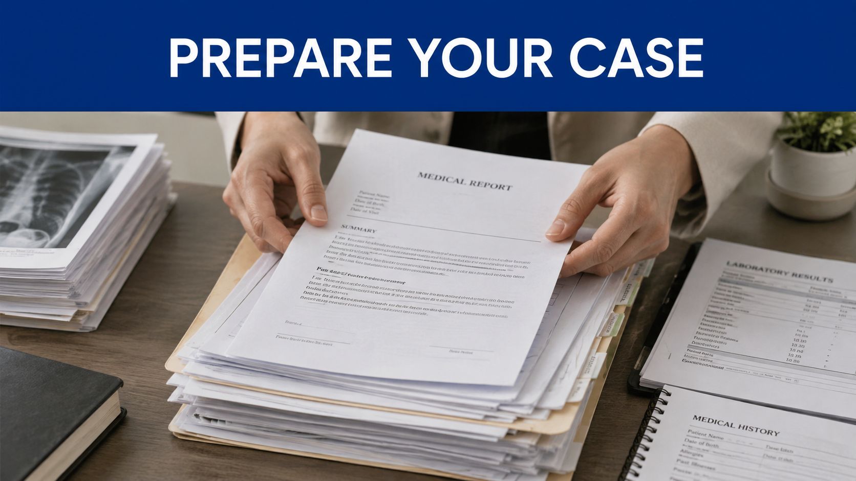 A legal professional reviewing medical reports and laboratory results while preparing a workers compensation case file.