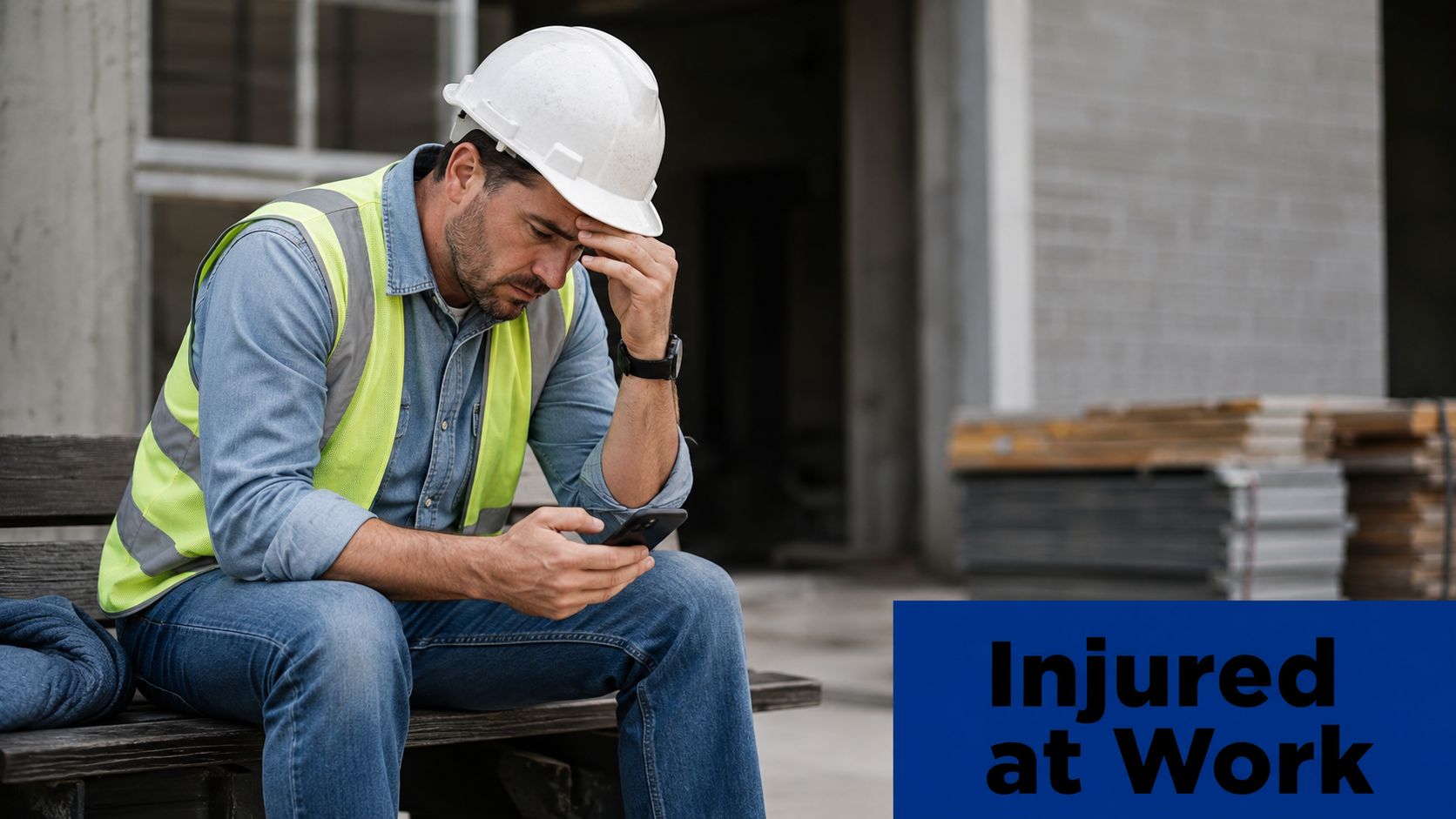 A construction worker sitting on a wooden bench looking stressed while holding a smartphone at work.